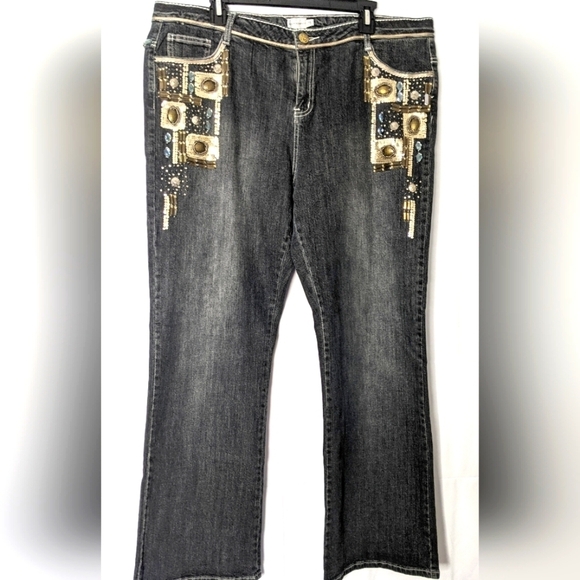 VTG Newport News Fancy Women's Embellished Black Denim Jeans Sz 18 Beads Sequins - Picture 1 of 9